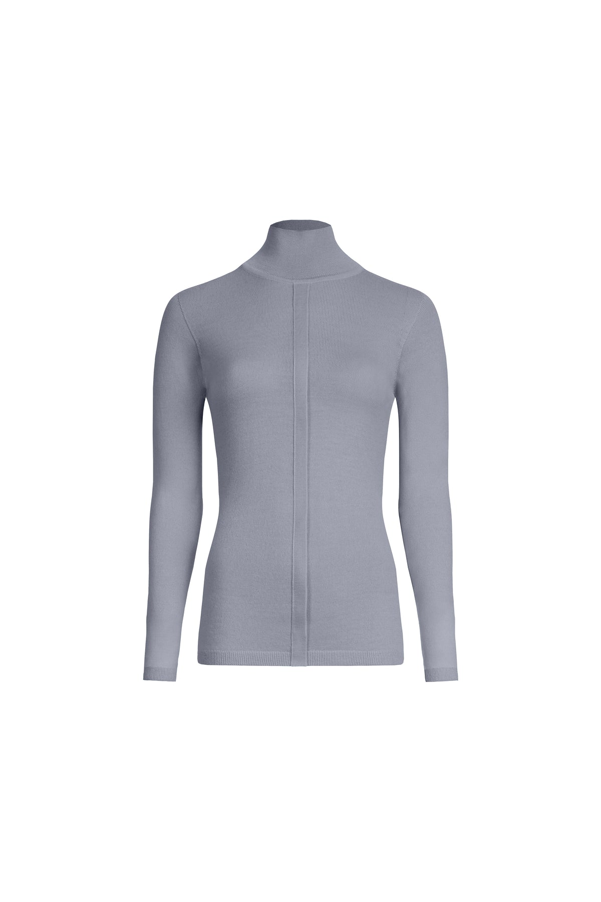Grey merino wool placket turtleneck sweater with structured collar, front view