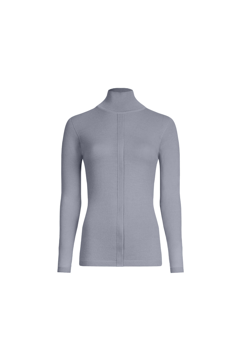 Grey merino wool placket turtleneck sweater with structured collar, front view