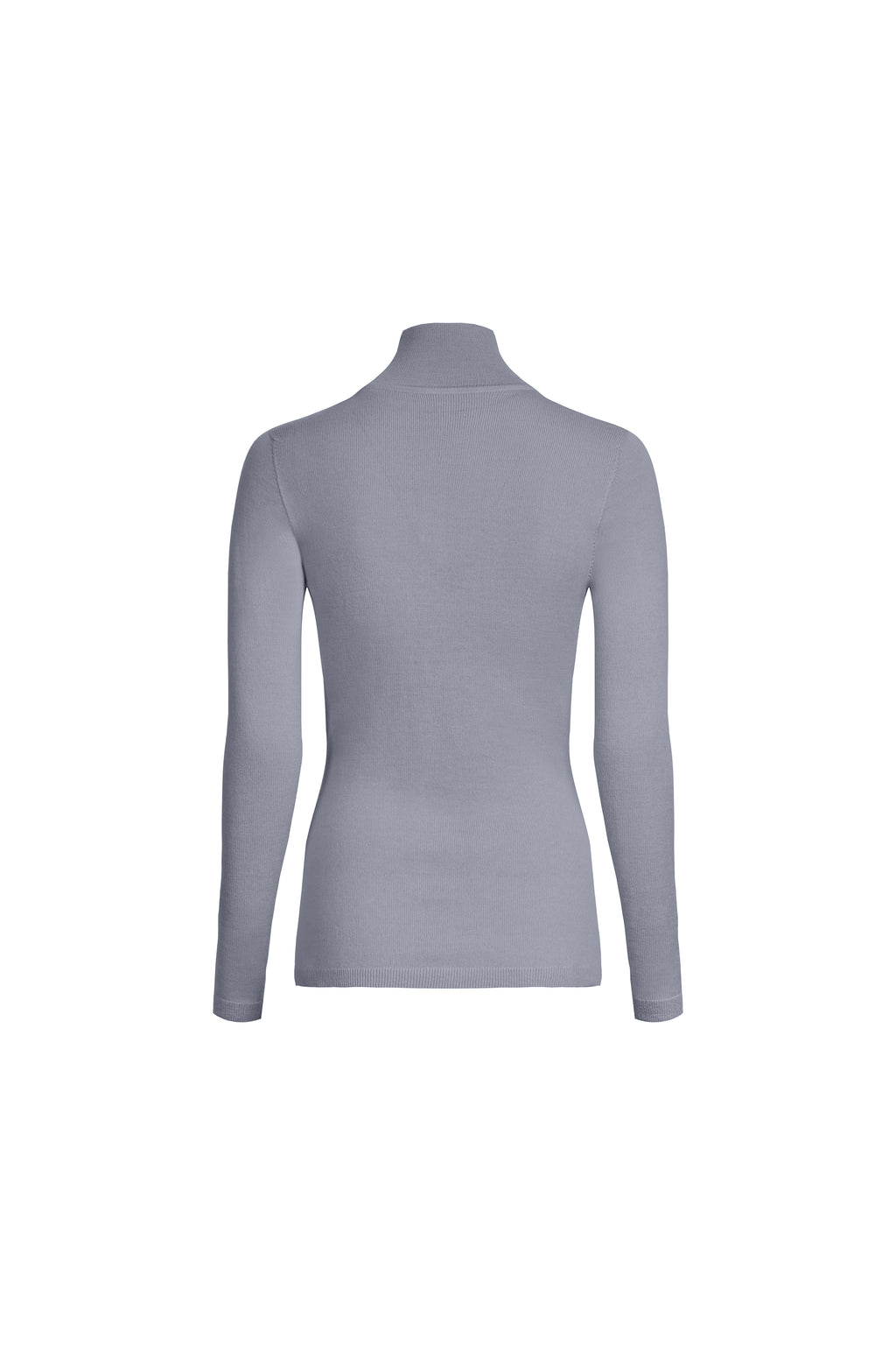 Grey merino wool placket turtleneck sweater with structured collar, back view