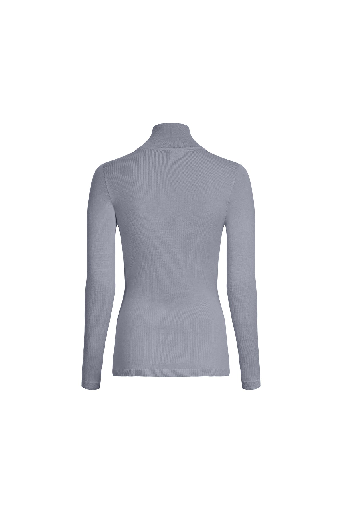 Grey merino wool placket turtleneck sweater with structured collar, back view