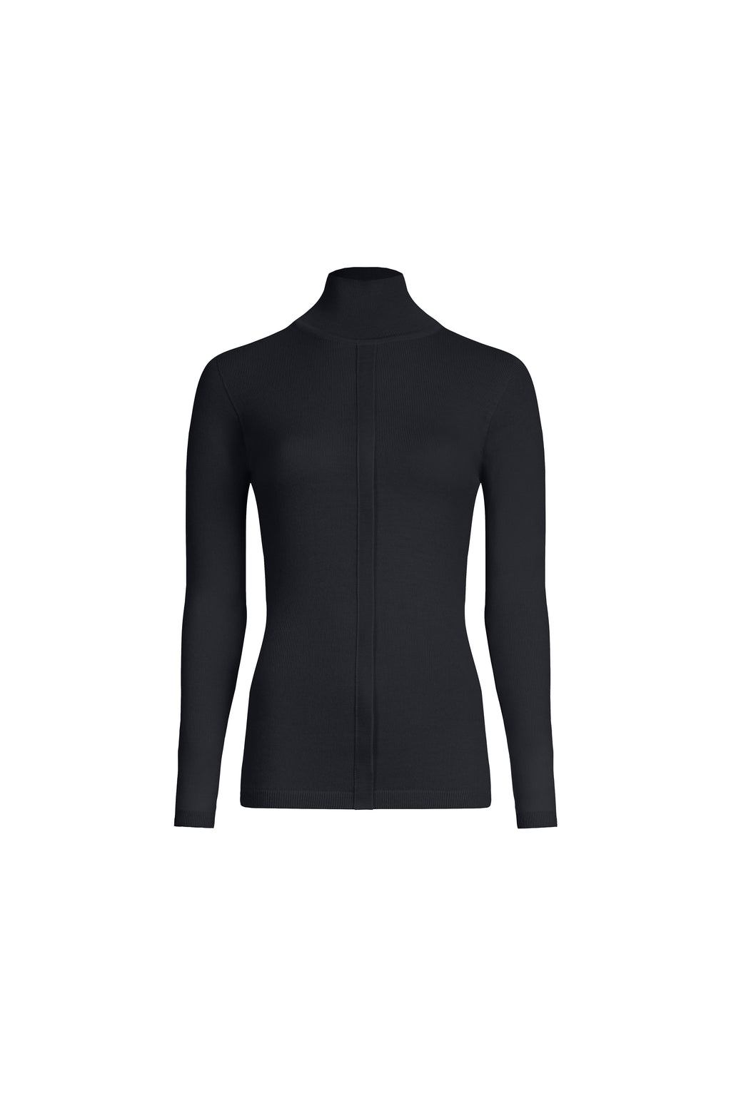 Black merino wool placket turtleneck front view, structured collar and long sleeves