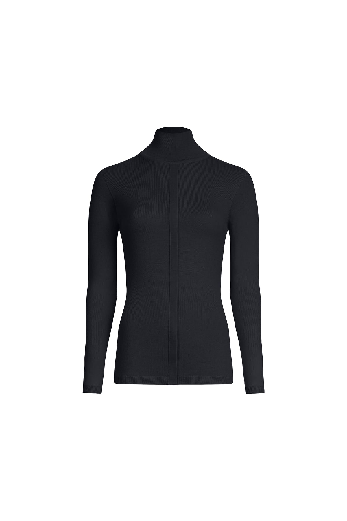 Black merino wool placket turtleneck front view, structured collar and long sleeves