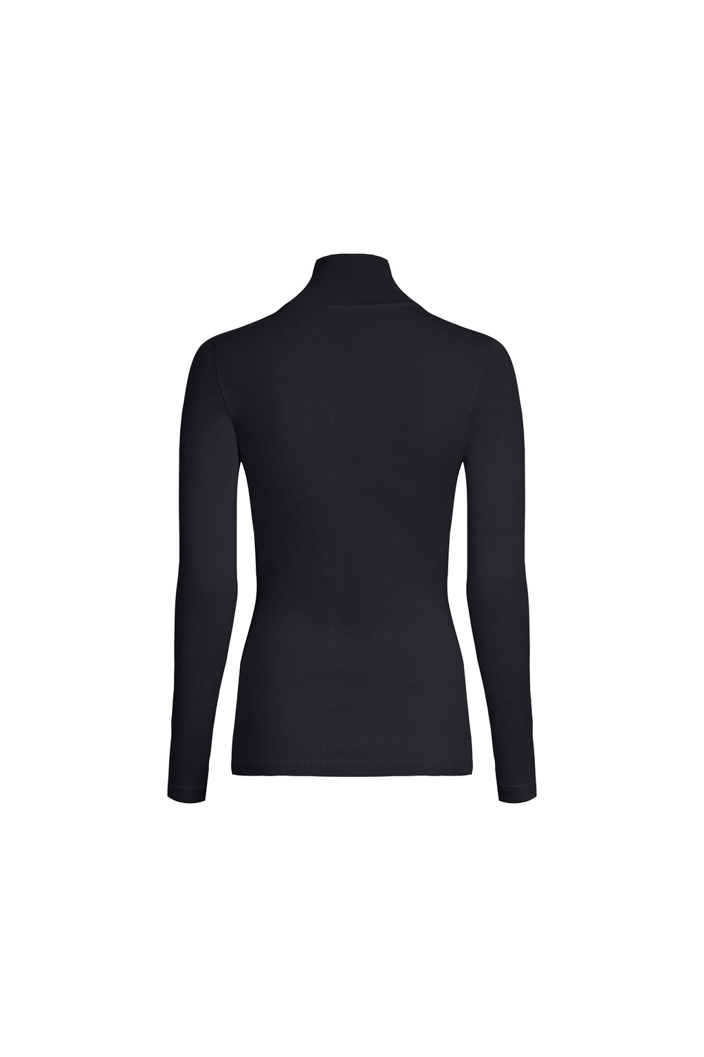 Black merino wool placket turtleneck back view, clean silhouette and fitted shape