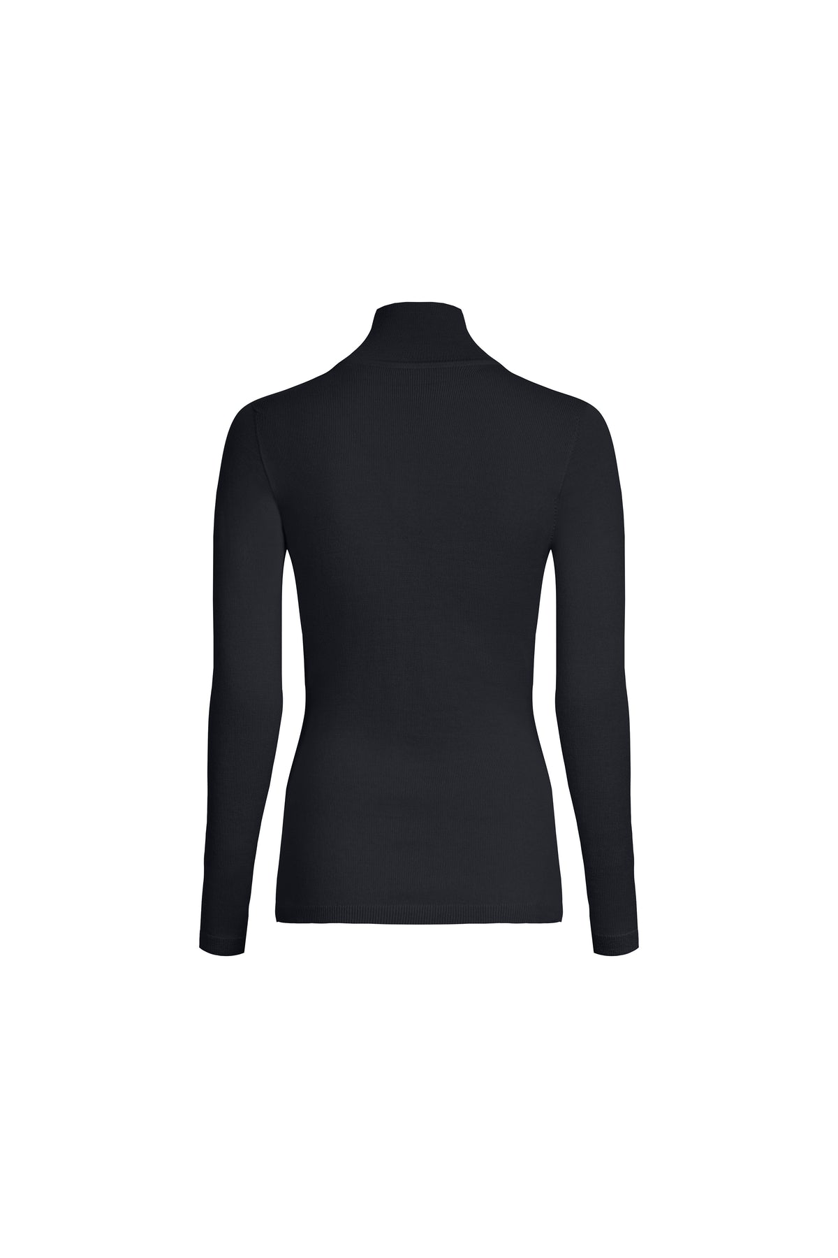 Black merino wool placket turtleneck back view, clean silhouette and fitted shape