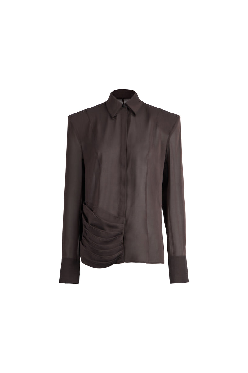 A dark brown long-sleeve button-up shirt with a unique gathered, ruched design on the lower front, displayed against a solid white background.