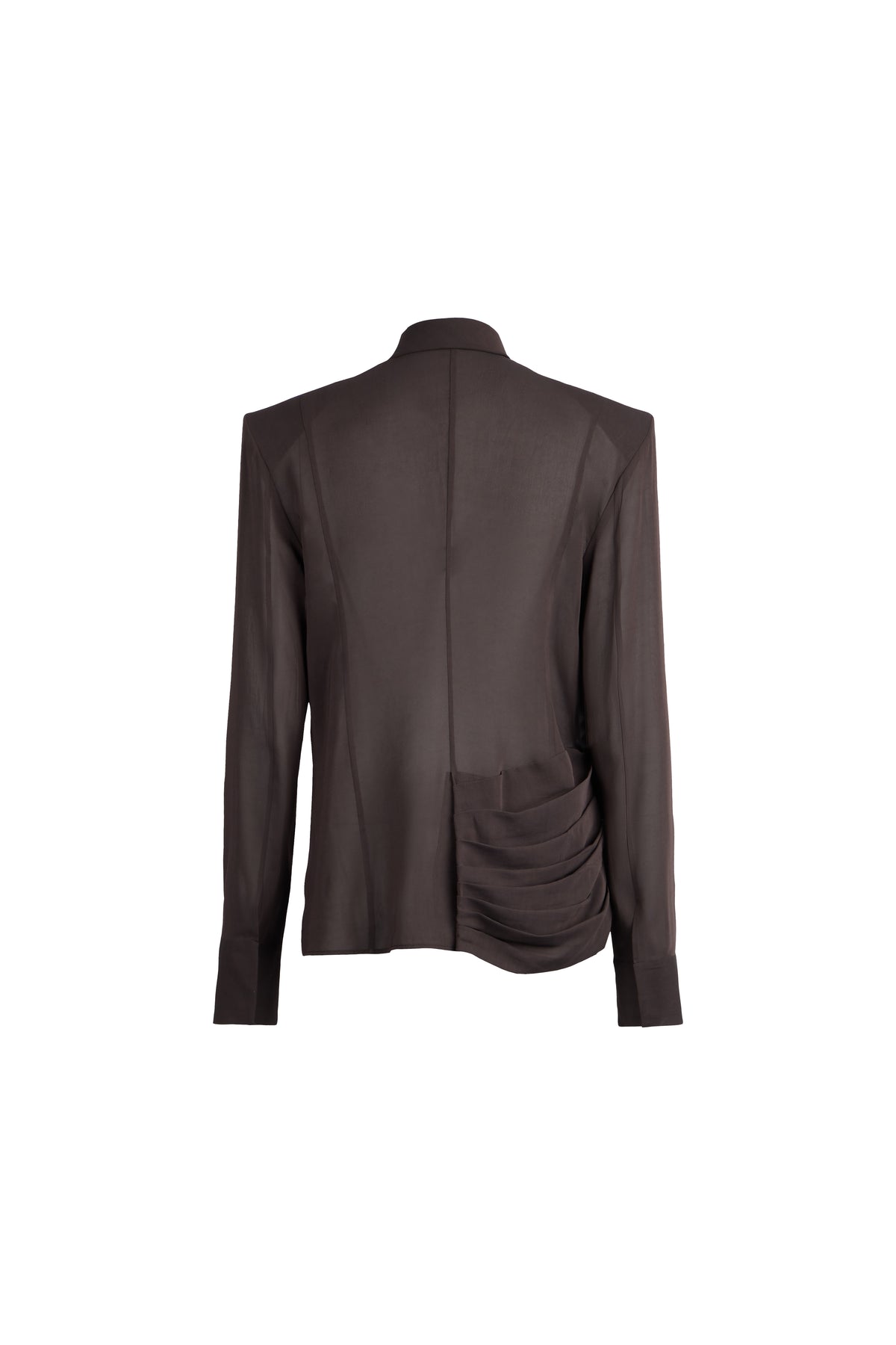 A dark brown long-sleeve blazer shown from the back, featuring a high collar and a draped gathered detail on the lower back.
