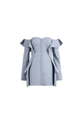 A light blue off-the-shoulder mini dress with structured ruffled sleeves and a fitted bodice, shown against a plain white background.