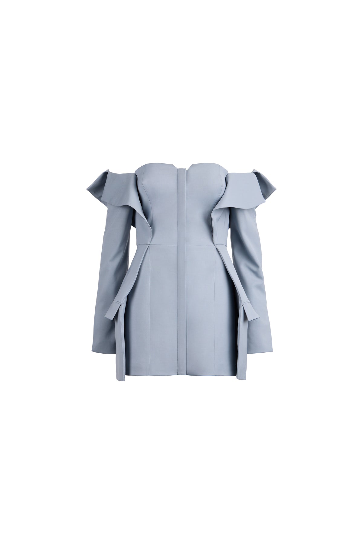 A light blue off-the-shoulder mini dress with structured ruffled sleeves and a fitted bodice, shown against a plain white background.