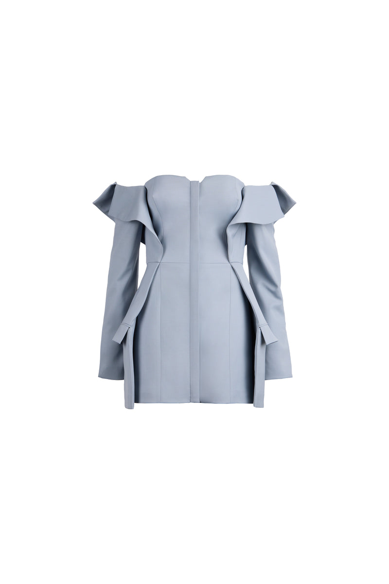A light blue off-the-shoulder mini dress with structured ruffled sleeves and a fitted bodice, shown against a plain white background.