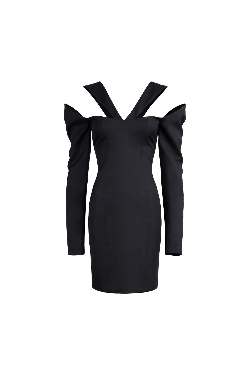 A black bodycon mini dress with long sleeves, dramatic shoulder cutouts, and a V-neckline, shown on a plain white background.