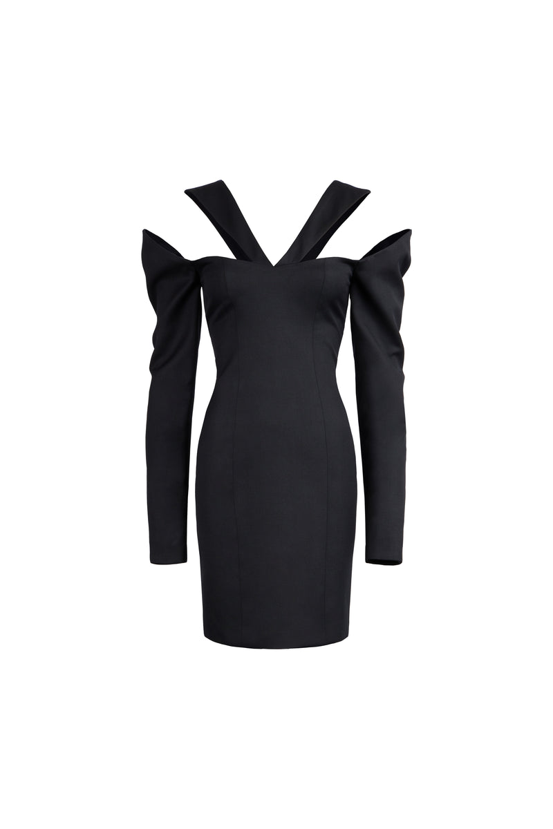 A black bodycon mini dress with long sleeves, dramatic shoulder cutouts, and a V-neckline, shown on a plain white background.