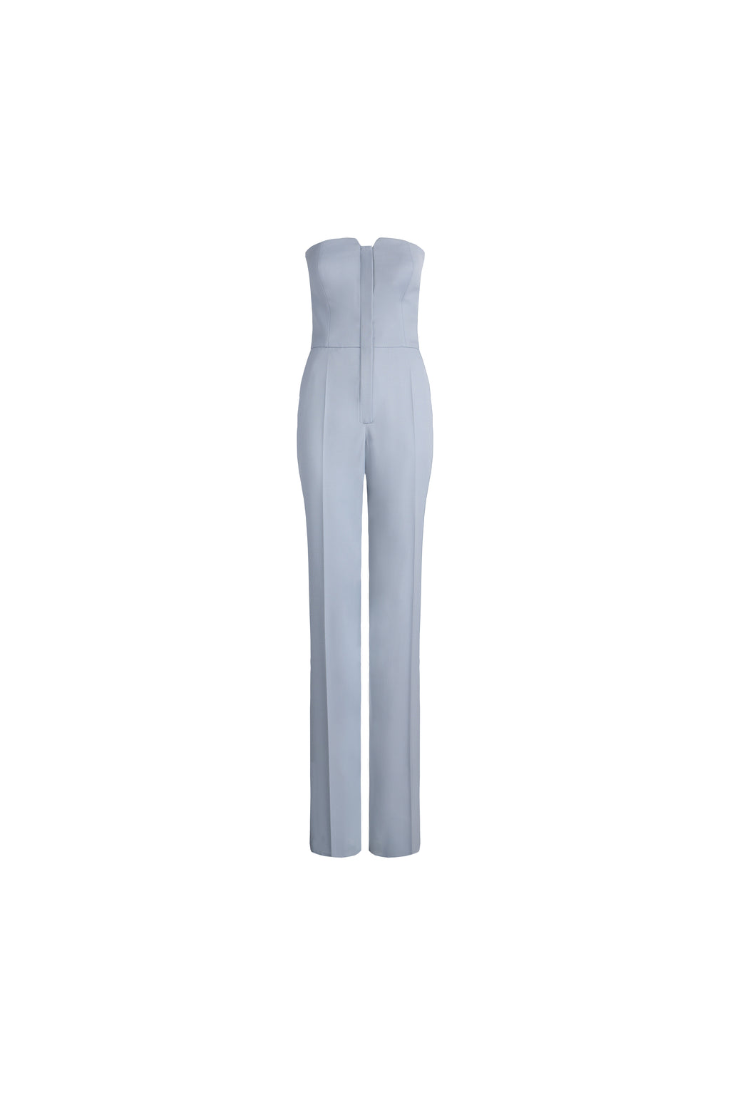 A light blue strapless jumpsuit with a structured bodice and straight legs, shown against a plain white background.