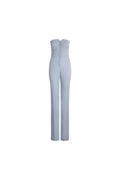 A light blue strapless jumpsuit with a structured bodice and straight legs, shown against a plain white background.