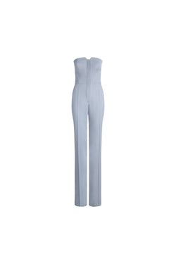 A light blue strapless jumpsuit with a structured bodice and straight legs, shown against a plain white background.