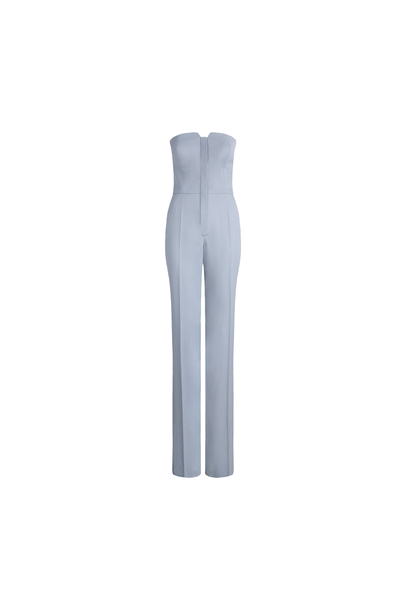 A light blue strapless jumpsuit with a structured bodice and straight legs, shown against a plain white background.