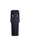 A dark navy blue long-sleeve denim midi dress with structured shoulders, a wrap-style front, and contrast stitching, shown against a plain white background.