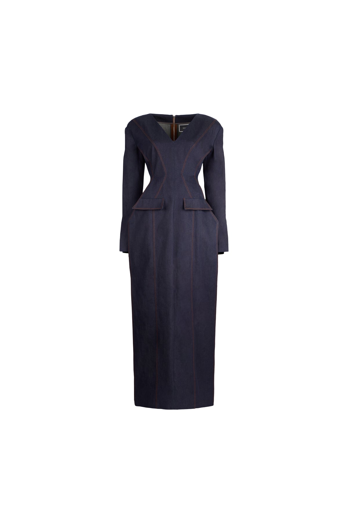 A dark navy blue long-sleeve denim midi dress with structured shoulders, a wrap-style front, and contrast stitching, shown against a plain white background.