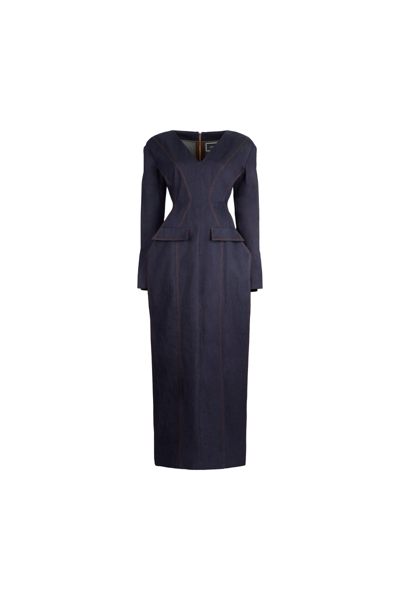 A dark navy blue long-sleeve denim midi dress with structured shoulders, a wrap-style front, and contrast stitching, shown against a plain white background.