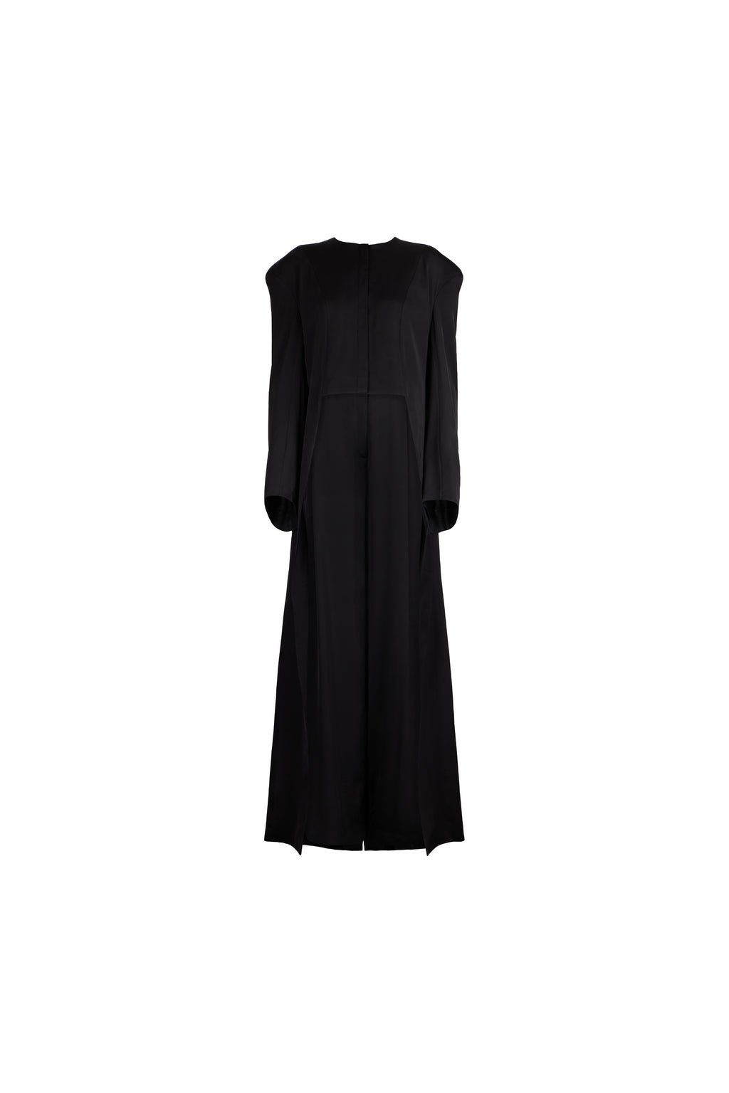 A black long-sleeve midi dress with a crew neck and structured shoulders, shown against a plain white background.