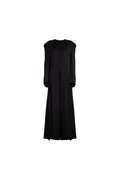 A black long-sleeve midi dress with a crew neck and structured shoulders, shown against a plain white background.