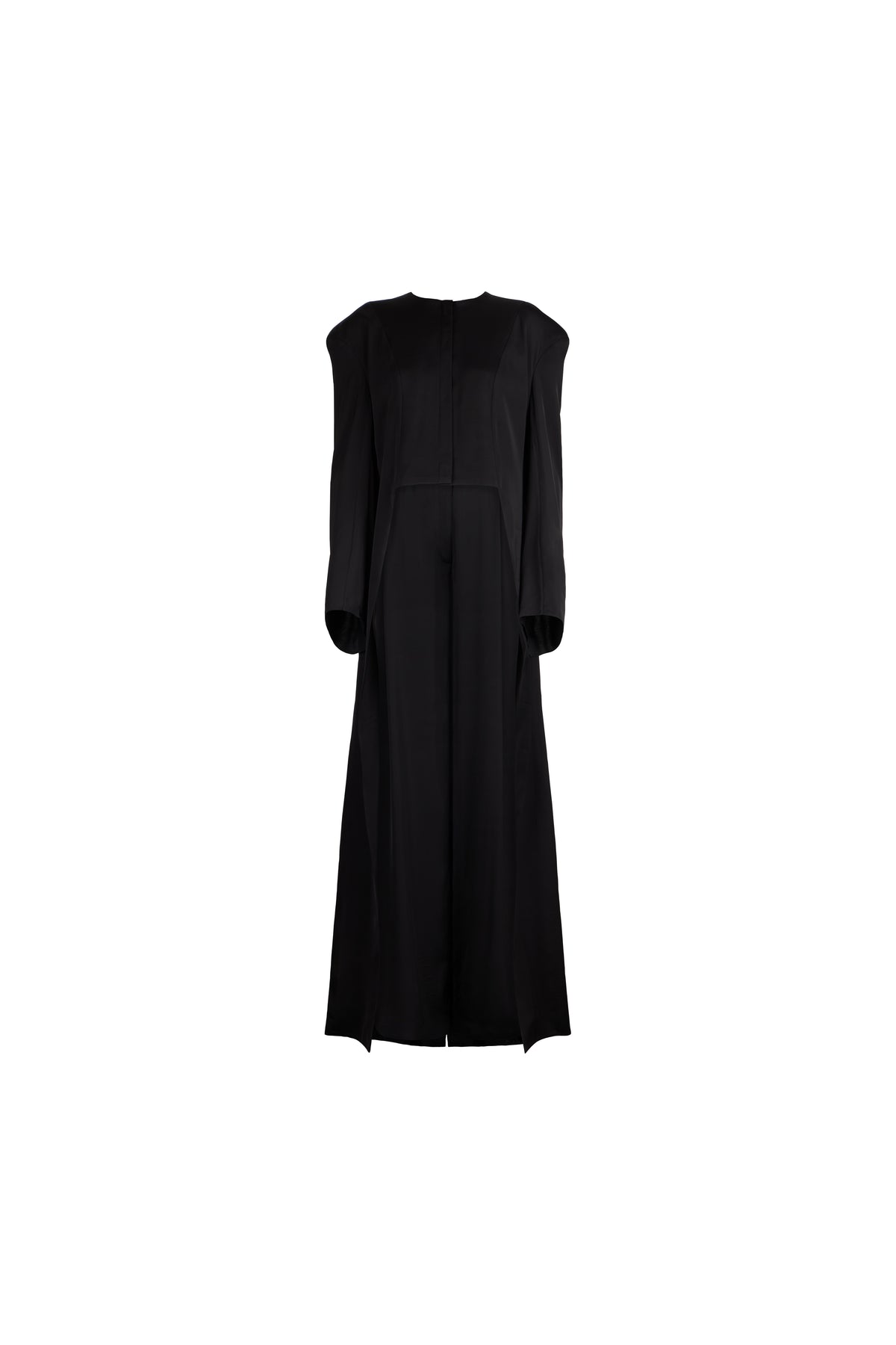 A black long-sleeve midi dress with a crew neck and structured shoulders, shown against a plain white background.