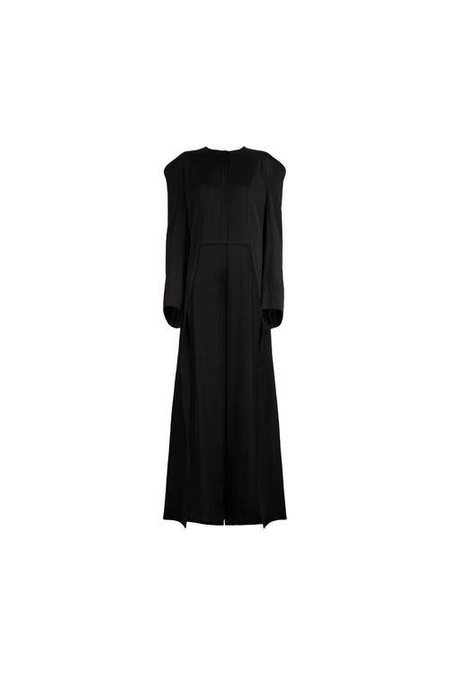 A black long-sleeve midi dress with a crew neck and structured shoulders, shown against a plain white background.