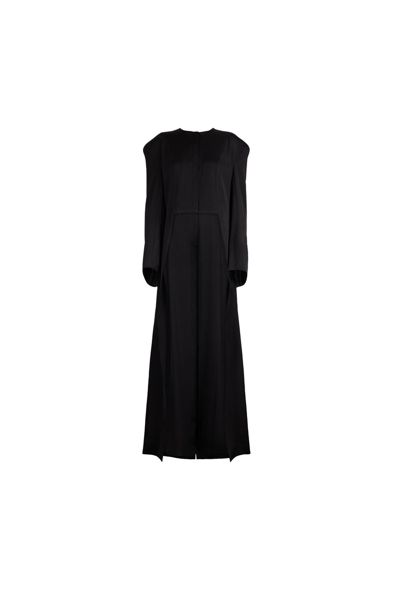 A black long-sleeve midi dress with a crew neck and structured shoulders, shown against a plain white background.