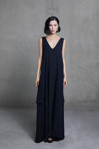 Black silk dress with cargo pockets