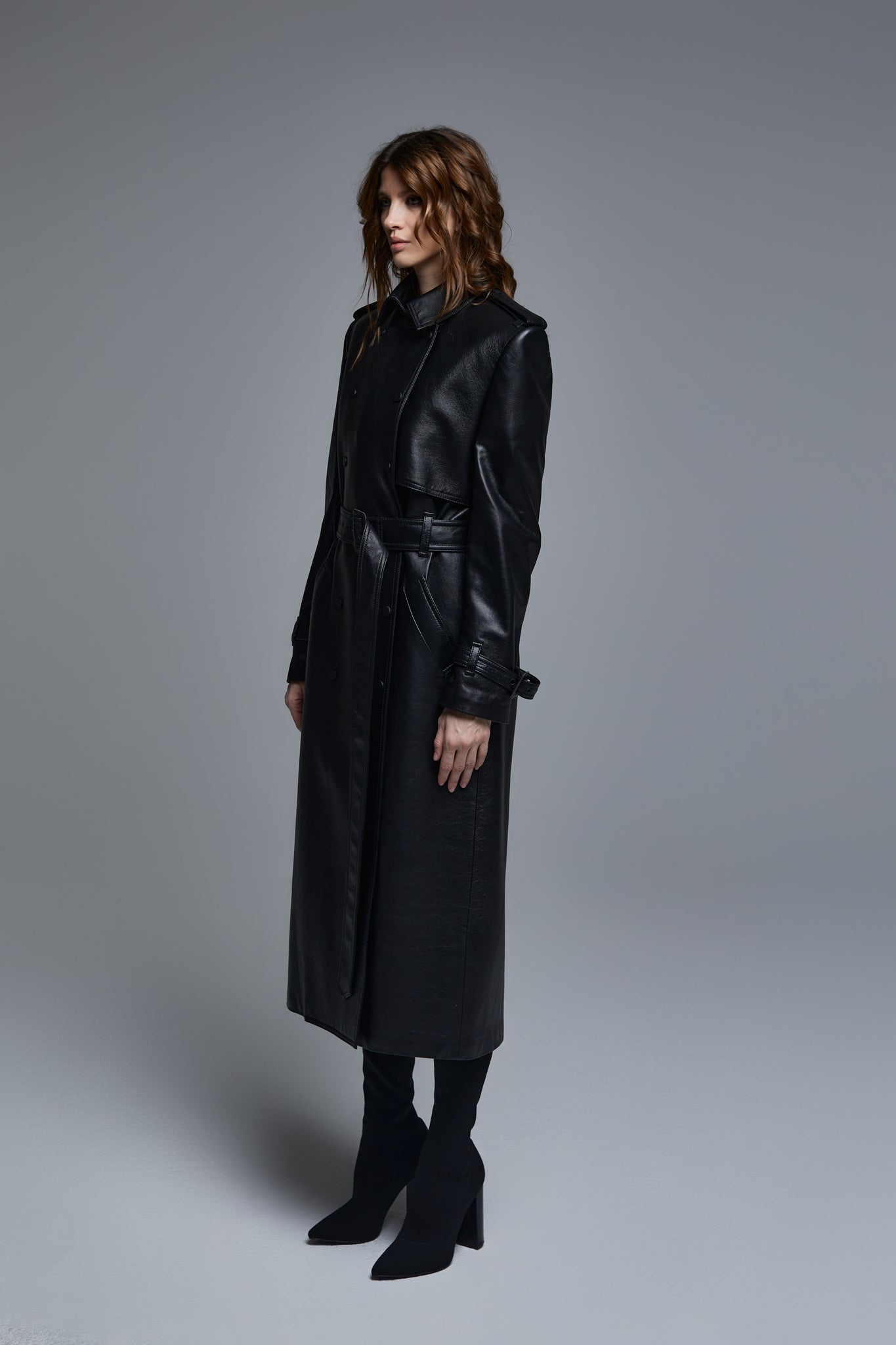 Classic double breasted leather trench coat