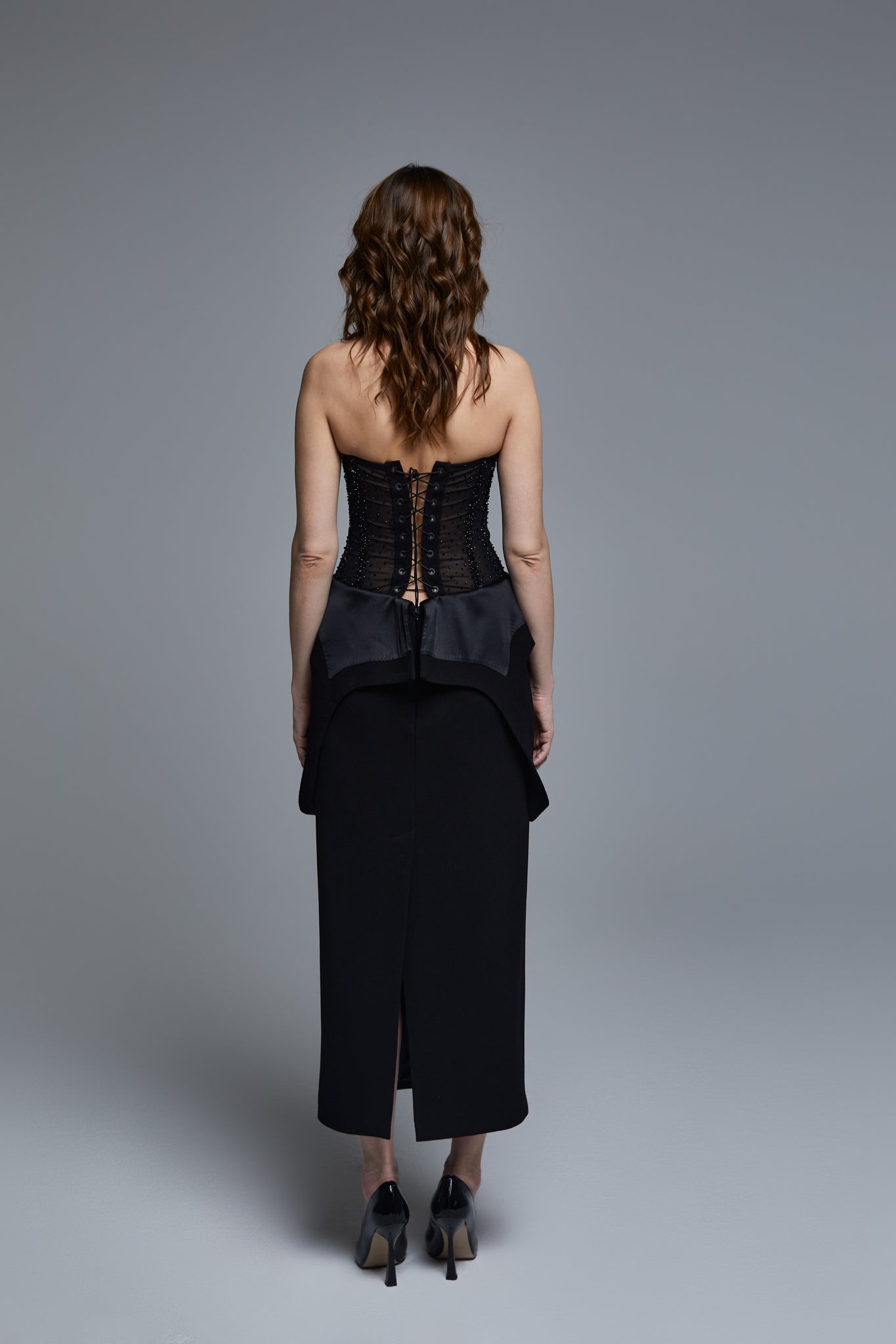 Haute couture falling black dress with embroidery