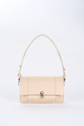 Beige Il Cupola leather bag front view with long shoulder strap and silver-tone logo hardware
