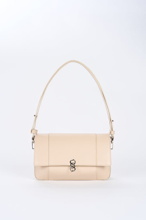 Beige Il Cupola leather bag front view with long shoulder strap and silver-tone logo hardware
