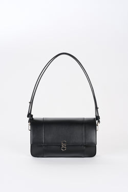 Black Il Cupola leather bag front view with shoulder strap and silver-tone Sagio logo hardware