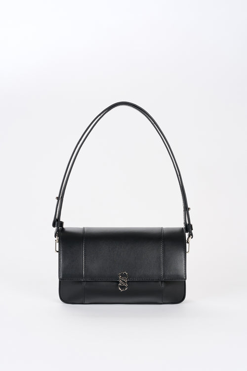 Black Il Cupola leather bag front view with shoulder strap and silver-tone Sagio logo hardware