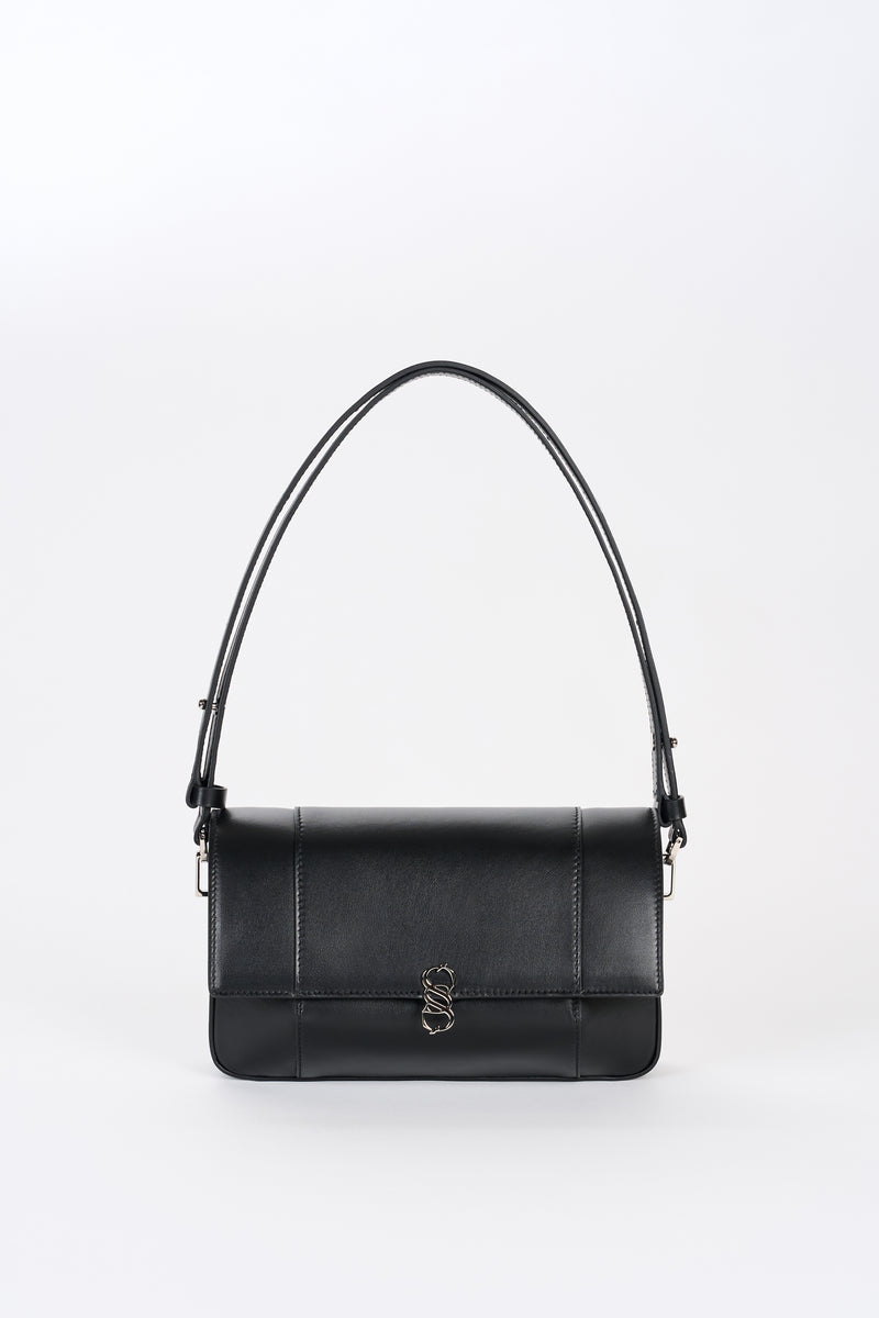 Black Il Cupola leather bag front view with shoulder strap and silver-tone Sagio logo hardware