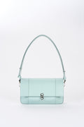 Clear aqua Il Cupola leather bag front view with shoulder strap and silver-tone logo hardware
