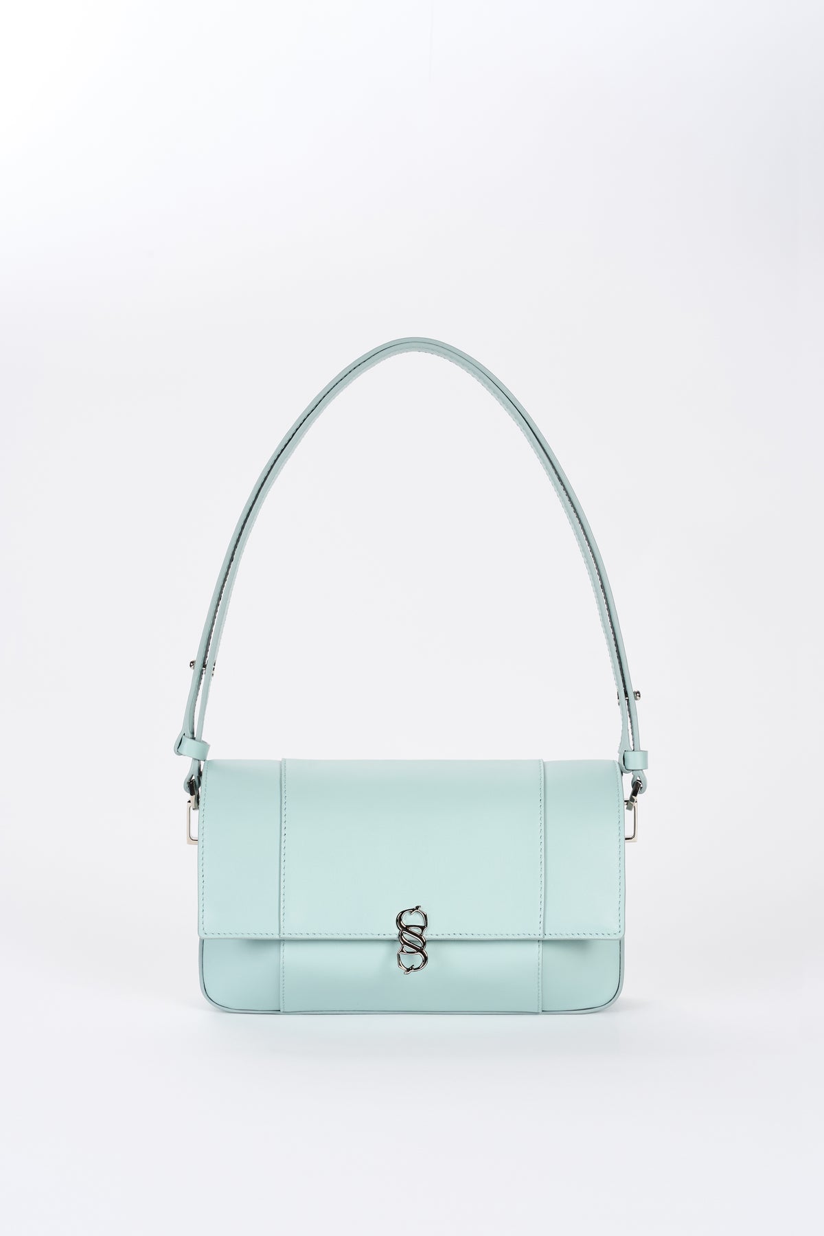 Clear aqua Il Cupola leather bag front view with shoulder strap and silver-tone logo hardware
