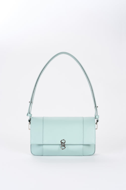 Clear aqua Il Cupola leather bag front view with shoulder strap and silver-tone logo hardware