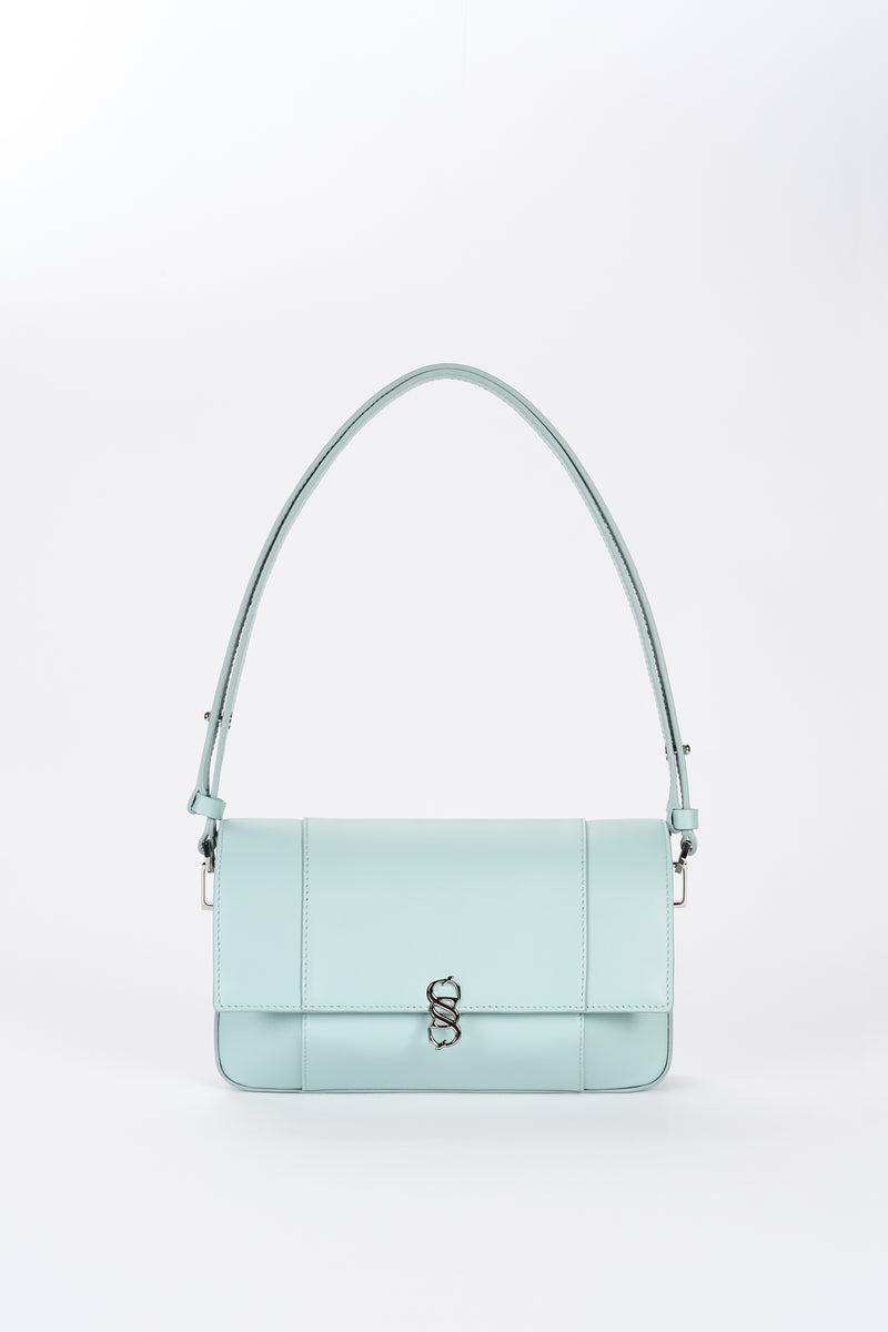 Clear aqua Il Cupola leather bag front view with shoulder strap and silver-tone logo hardware