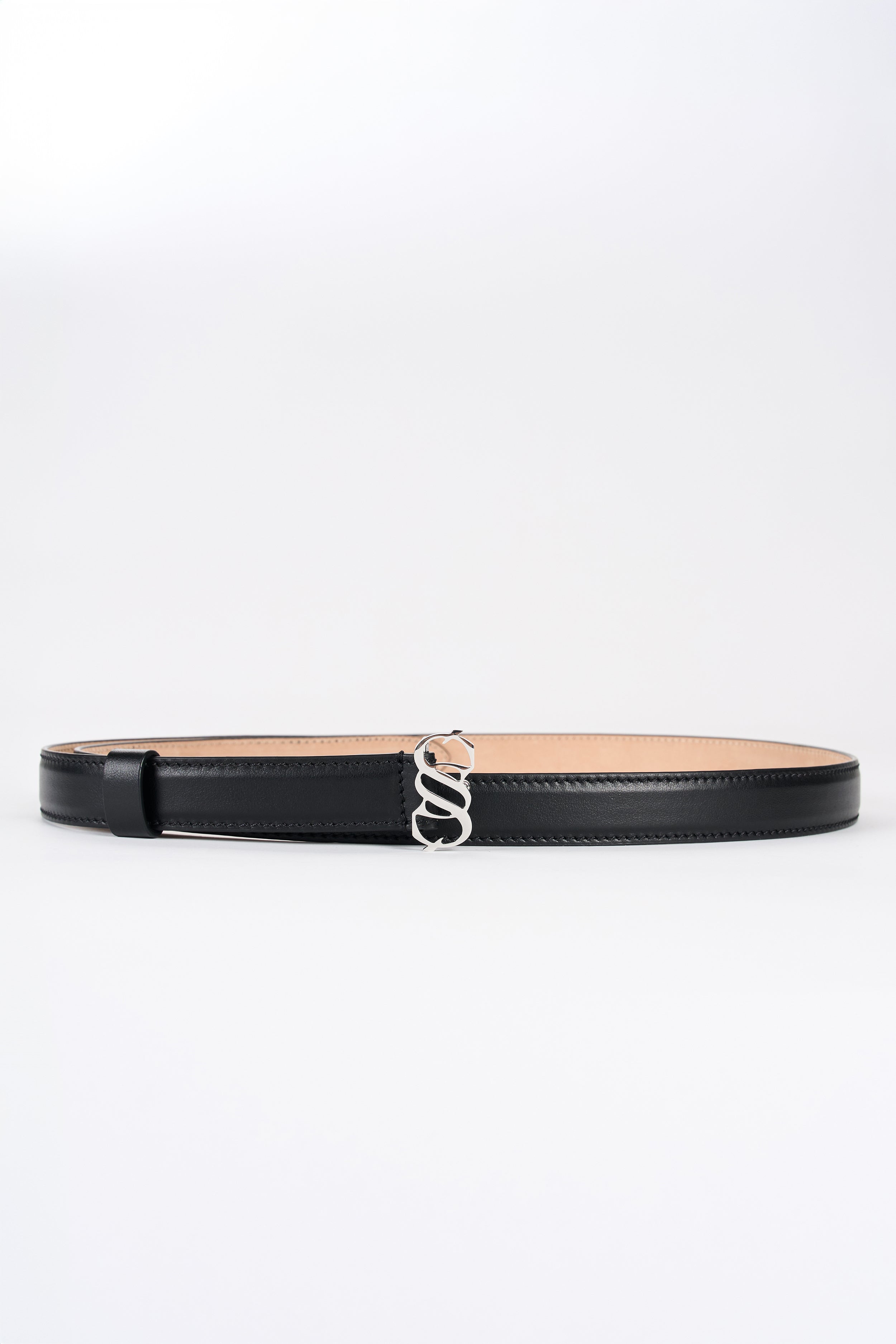 Black leather signature monogram belt with silver-tone SAGIO buckle, front view
