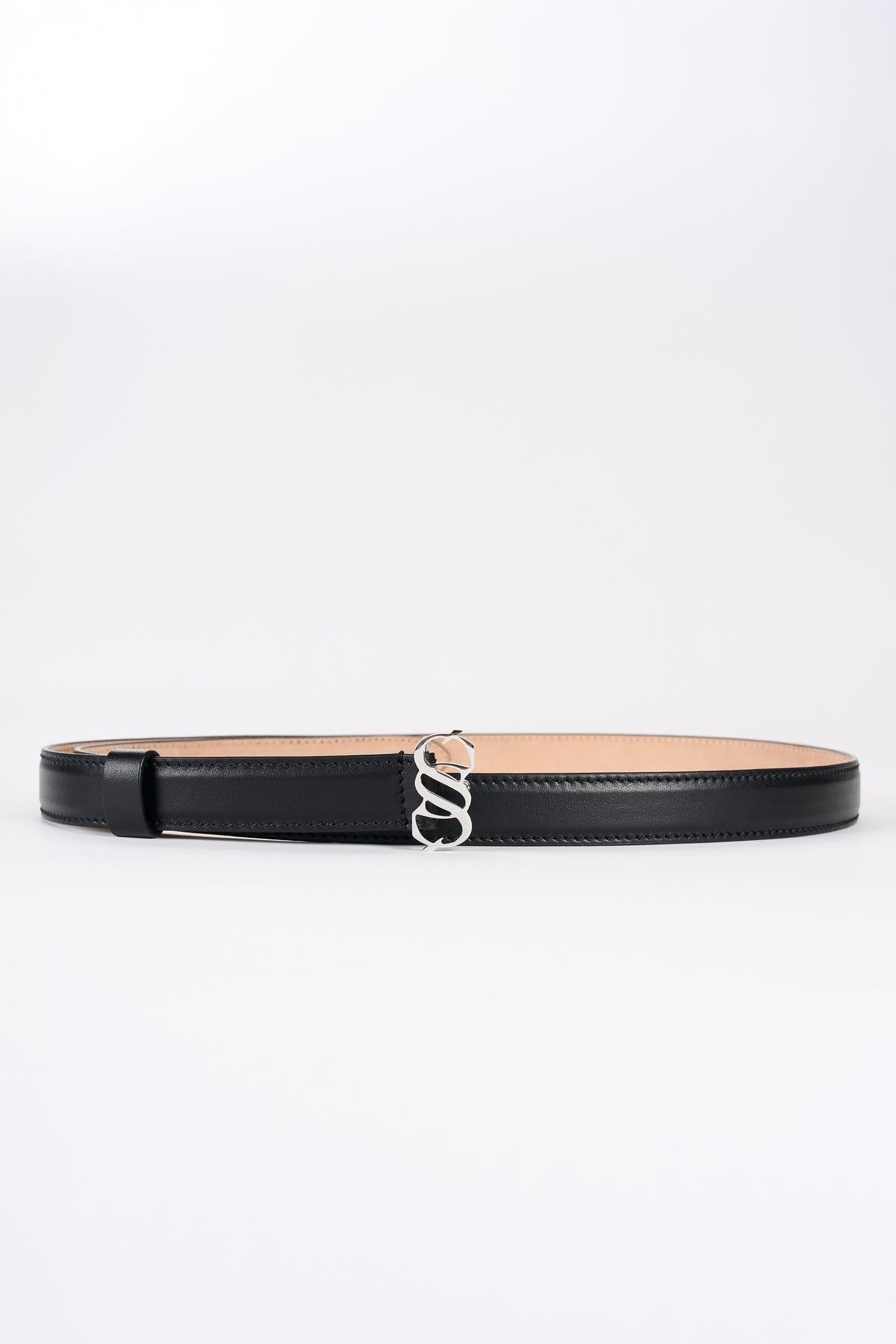 Black leather signature monogram belt with silver-tone SAGIO buckle, front view