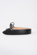 Black leather monogram belt with silver-tone buckle, angled view