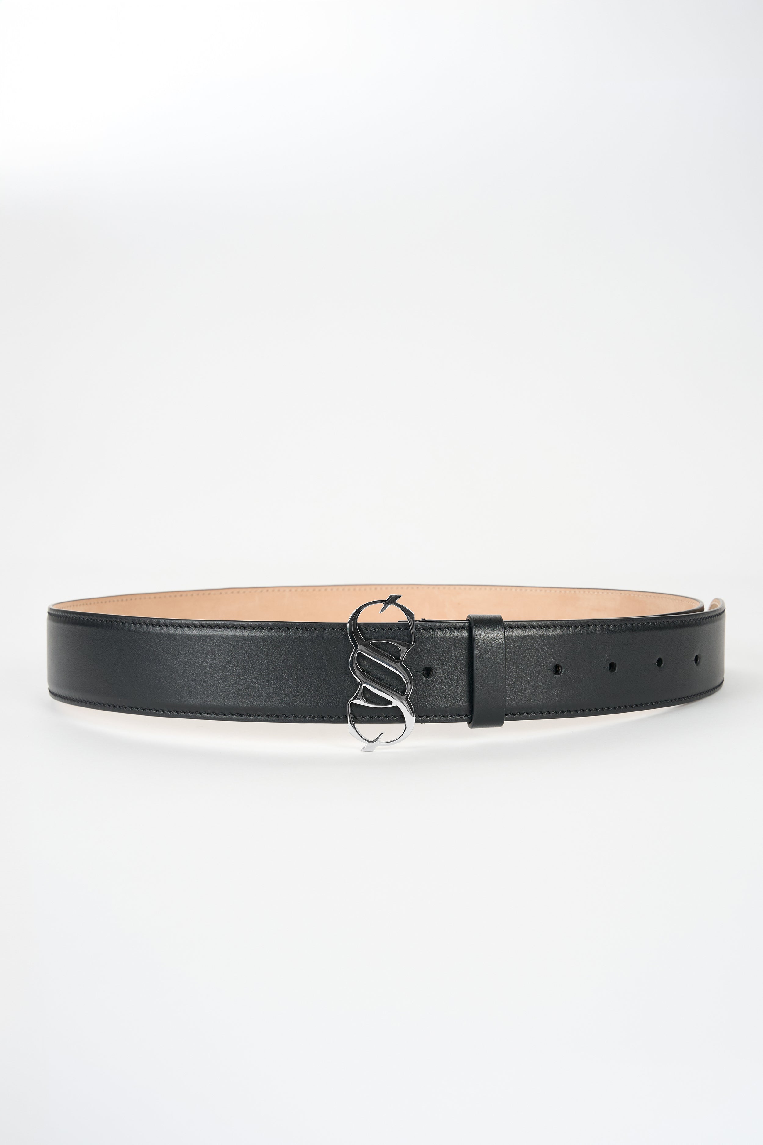 Black leather statement belt with polished SAGIO monogram buckle, front view