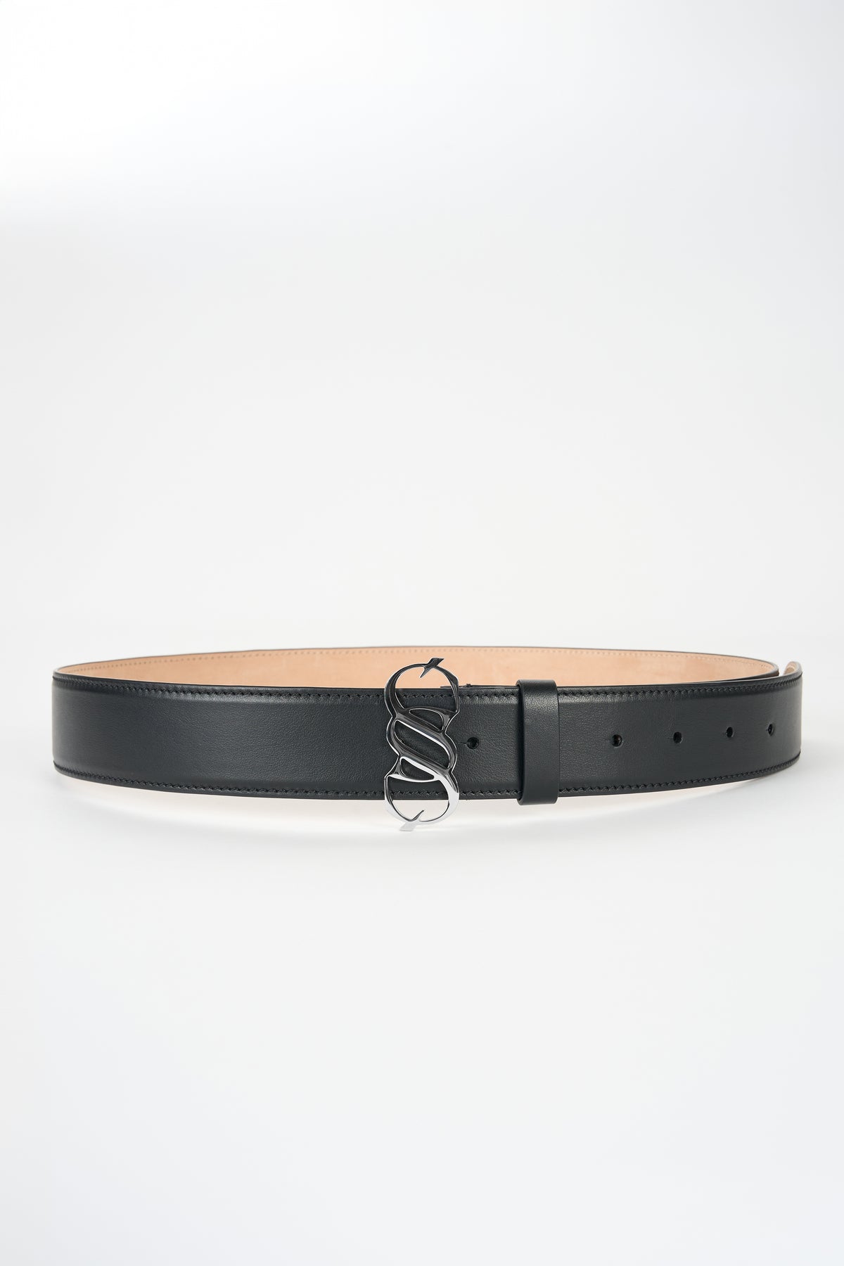 Black leather statement belt with polished SAGIO monogram buckle, front view