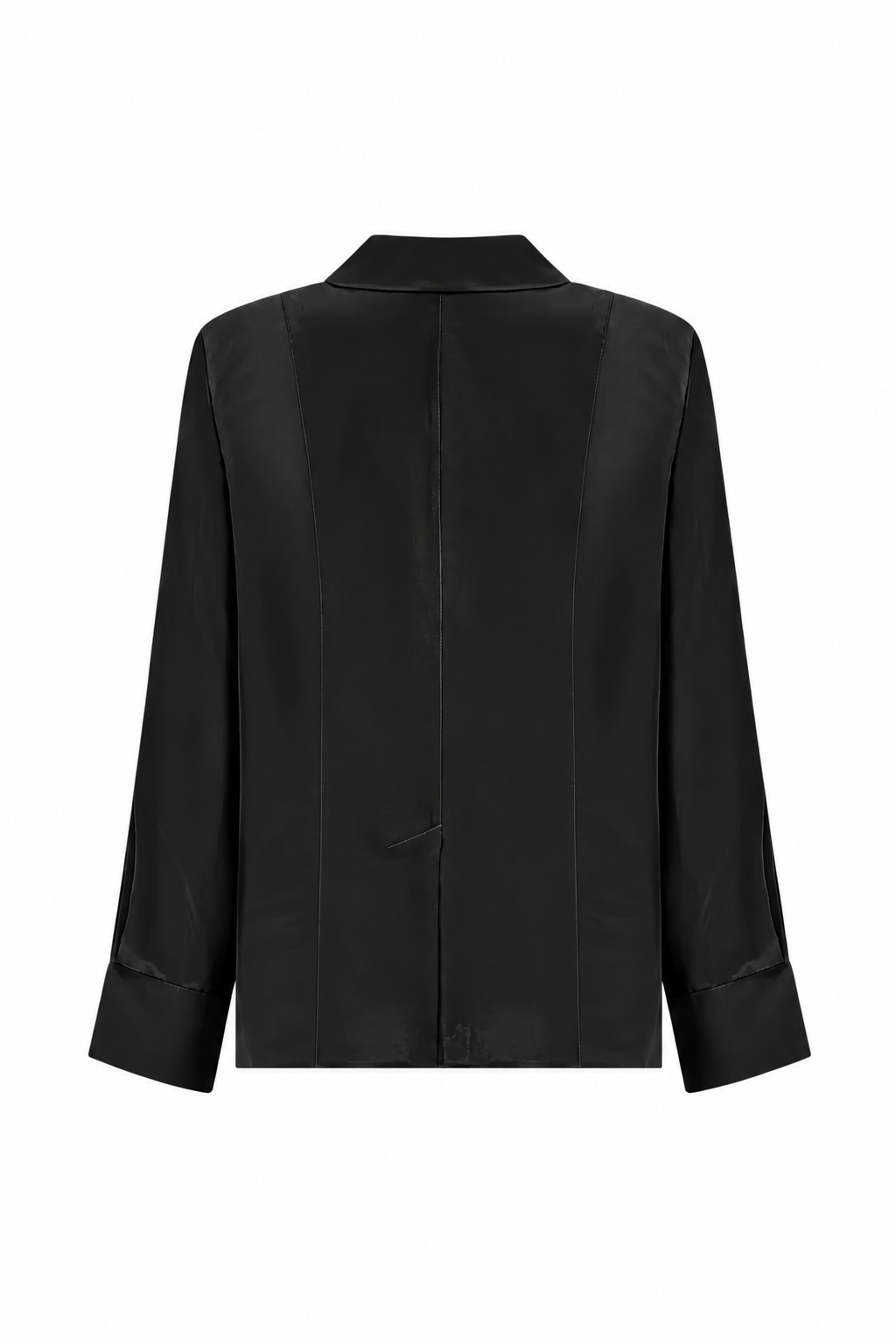 A black long-sleeve blazer with structured shoulders and a notched collar, shown from the back on a plain white background.