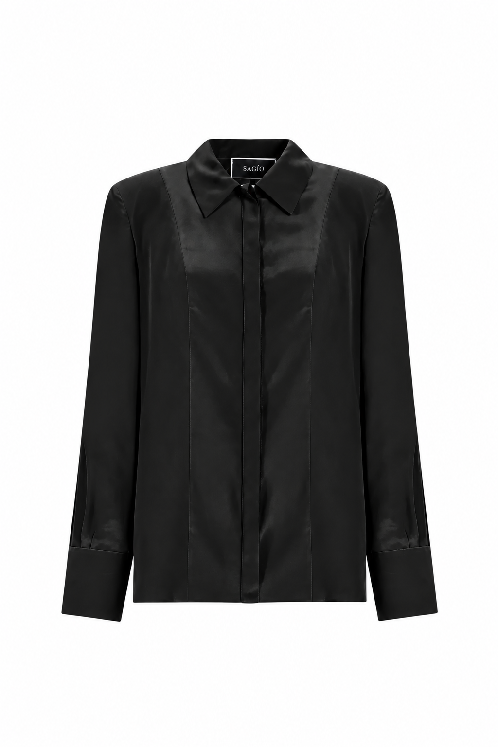 A black long-sleeve button-up blouse with a satin-like finish and structured shoulders, shown against a plain white background.