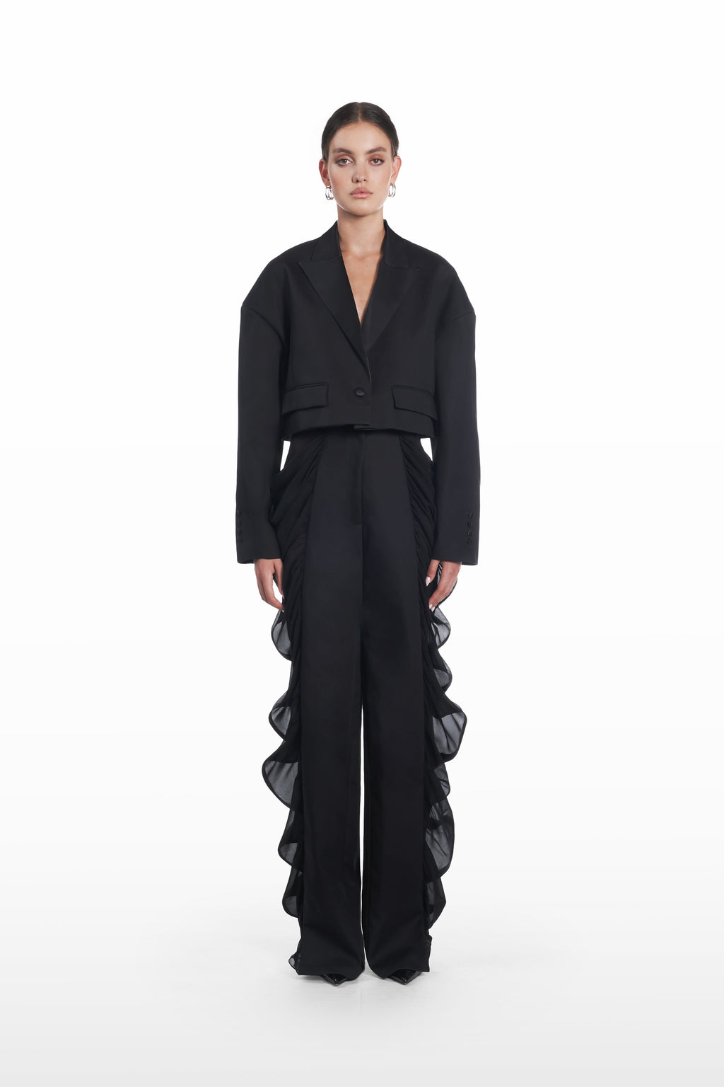 Falling Shoulders Crop Jacket in black, front view with cropped silhouette and sculptural dropped shoulders