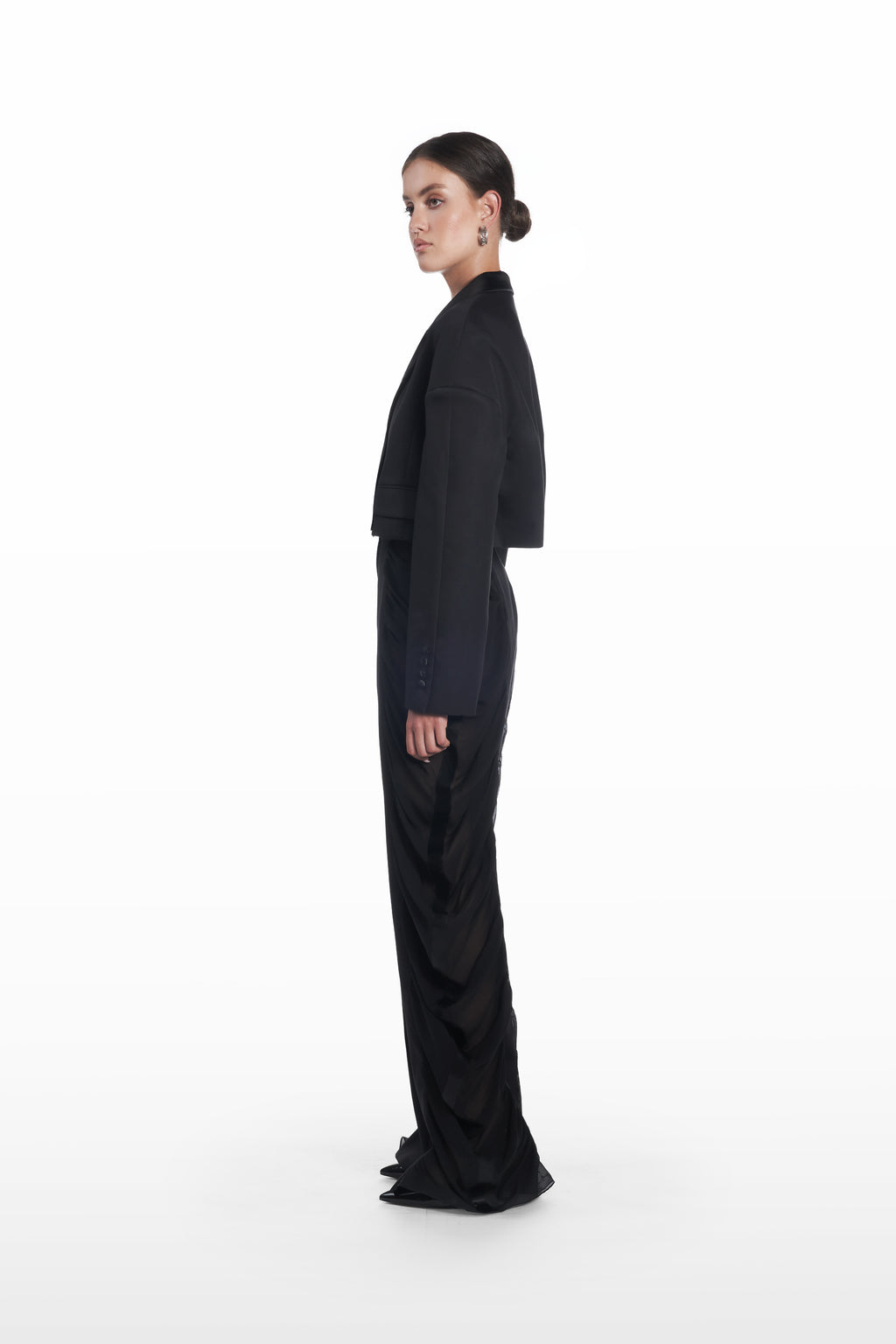 Falling Shoulders Crop Jacket in black, side view showing clean tailoring and structured cropped cut