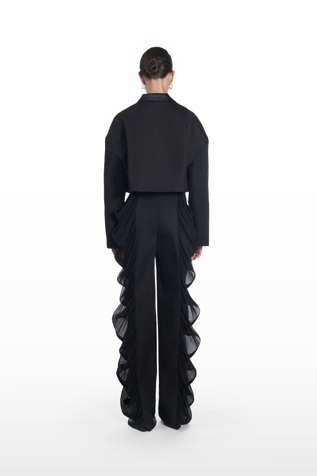 Falling Shoulders Crop Jacket in black, back view with falling-shoulder construction and refined architectural shape