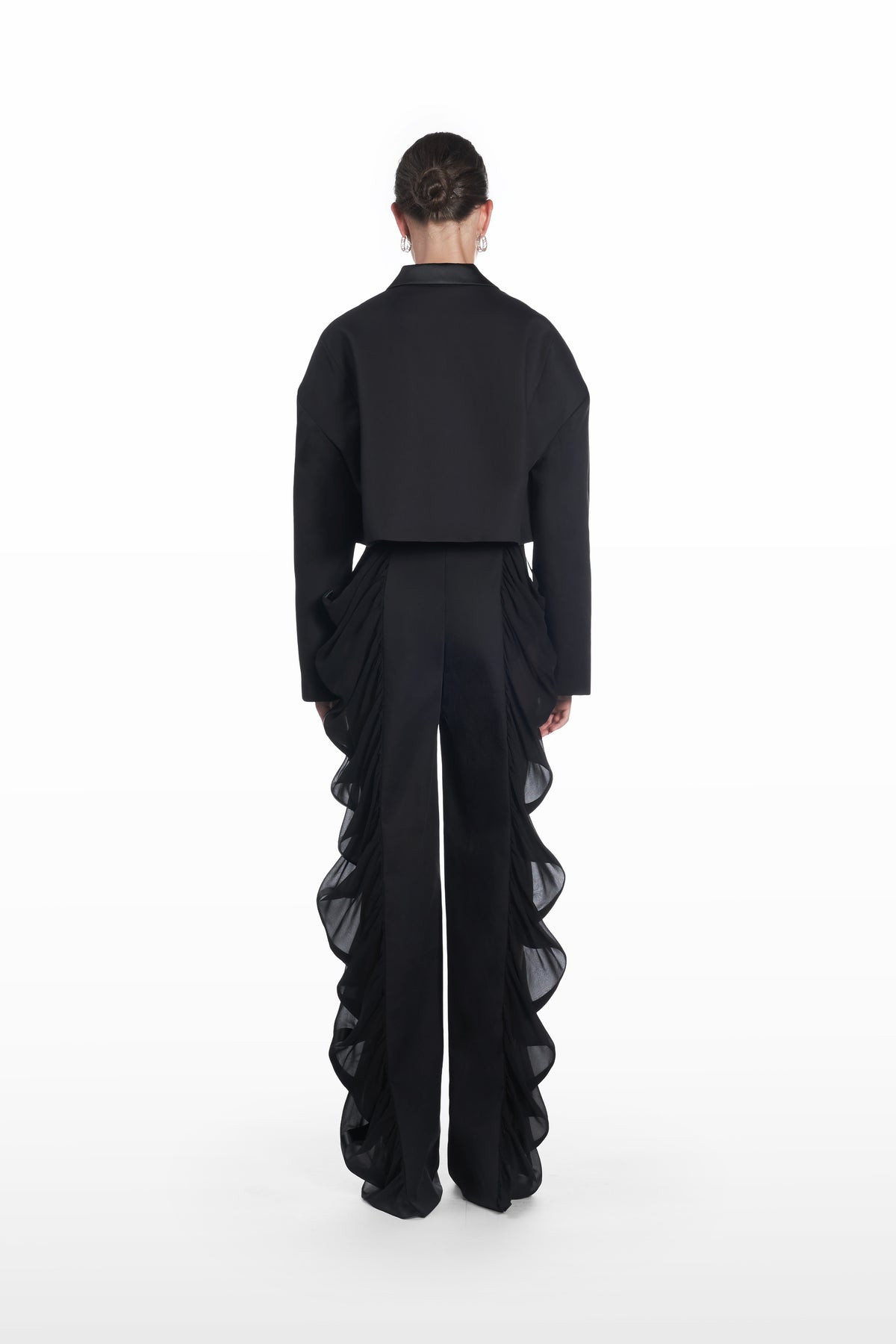 Falling Shoulders Crop Jacket in black, back view with falling-shoulder construction and refined architectural shape